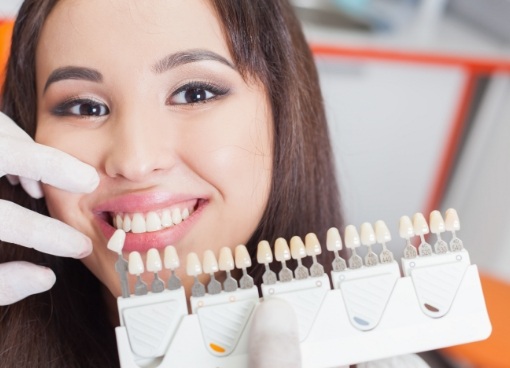 Dentist holding row of veneers in front of smiling patient