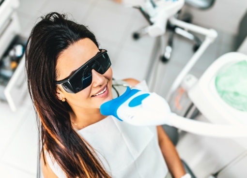 Woman getting professional whitening in dental office