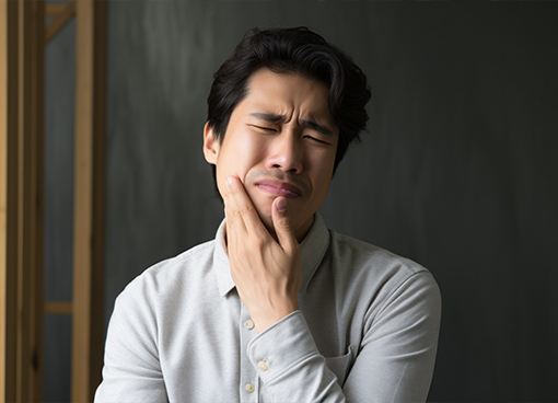Man in white buttoned shirt holding his cheek in pain
