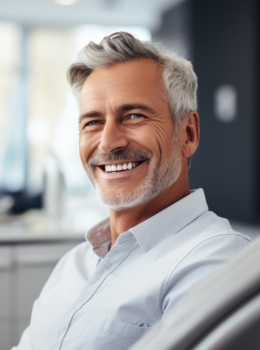 Older man in pale blue collared shirt grinning