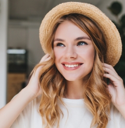 Smiling young woman wearing straw sunhat