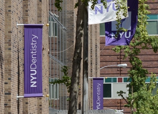 Purple flag outside of building for N Y U College of Dentistry